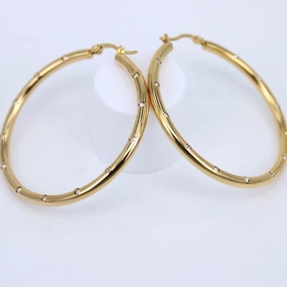 Gold Plated Crystal Hoop‎ 1.5" Earrings - Picture 6 of 10